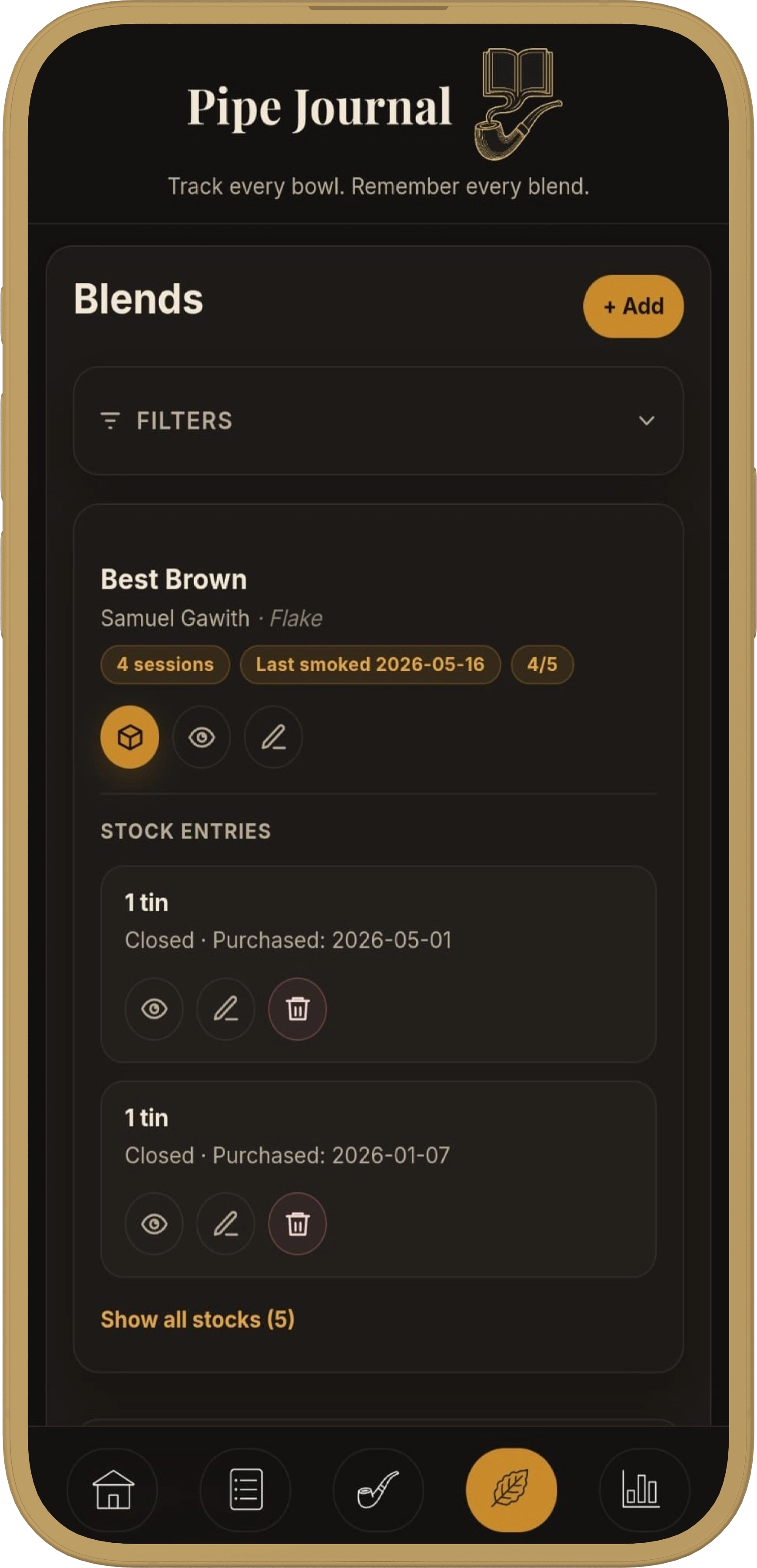 Pipe Journal blends screen with tobacco entries and ratings.